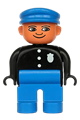 Male police Duplo figure with blue legs, wearing a black top with 3 buttons and a badge, and a blue hat - 4555pb061