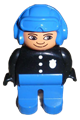 Male police Duplo figure with blue legs, black top with 3 buttons and badge, wearing a blue aviator helmet - 4555pb062