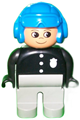 Duplo police officer with light gray legs, wearing a black top with buttons and badge, and a blue aviator helmet - 4555pb063