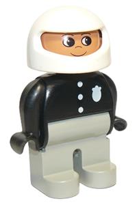 Duplo Figure, Male Police, Light Gray Legs, Black Top with 3 Buttons and Badge, White Racing Helmet 4555pb064