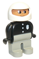 Duplo Figure, Male Police, Light Gray Legs, Black Top with 3 Buttons and Badge, White Racing Helmet - 4555pb064