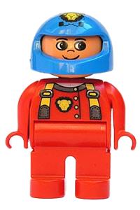 Duplo Figure, Male, Red Legs, Red Top with Cat Eye Racer Logo, Blue Helmet 4555pb065