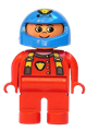 Duplo Figure, Male, Red Legs, Red Top with Cat Eye Racer Logo, Blue Helmet - 4555pb065