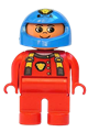 Male Duplo figure with red legs, wearing a red top with Cat Eye Racer logo and a blue helmet - 4555pb065