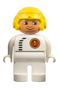 Duplo Male Racer - Duplo figure is male with white legs, wearing white top with "Racer #1" and yellow aviator helmet - 4555pb066