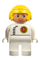Duplo figure is male with white legs, wearing white top with "Racer #1" and yellow aviator helmet - 4555pb066
