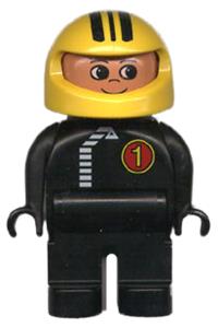 Duplo Male - Male Duplo figure with black legs and a black top featuring a white zipper and "Racer #1", wearing a yellow helmet with black stripes - 4555pb067