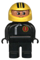 Duplo Figure, Male, Black Legs, Black Top with White Zipper and Racer #1, Yellow Helmet with Black Stripes - 4555pb067