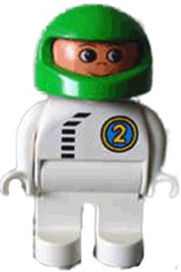 Duplo Figure, Male, White Legs, White Top with Black Zipper and Racer #2, Green Helmet 4555pb068