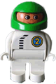 Duplo figure with white legs, wearing white top with black zipper and racer #2, and green helmet - 4555pb068