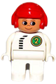 Male Duplo figure wearing white legs, a white top with black zipper and "Racer #2", and a red aviator helmet - 4555pb069