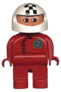 Duplo Male - Male Duplo figure wearing red legs and a red top with black zipper and "Racer #2", plus a white helmet with checkered stripe - 4555pb070