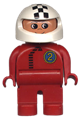 Duplo Figure, Male, Red Legs, Red Top with Black Zipper and Racer #2, White Helmet with Checkered Stripe - 4555pb070