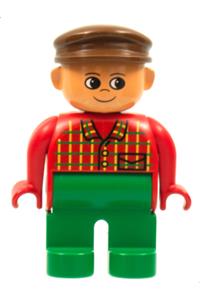 Duplo Figure, Male, Green Legs, Red Top Plaid, Brown Cap 4555pb071