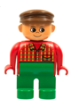 Duplo Figure, Male, Green Legs, Red Top Plaid, Brown Cap - 4555pb071
