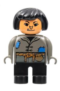 Duplo Figure, Female, Black Legs, Dark Gray Top with Blue Patches, Black Hair, Wart on Nose, Tooth 4555pb072