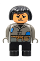 Duplo Figure, Female, Black Legs, Dark Gray Top with Blue Patches, Black Hair, Wart on Nose, Tooth - 4555pb072