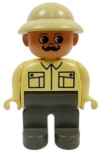 Duplo Male Safari Guide - Male Duplo figure with dark gray legs, wearing a tan top, pith helmet, and moustache - 4555pb073