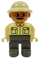 Duplo Figure, Male, Dark Gray Legs, Tan Top, Pith Helmet, Moustache - 4555pb073