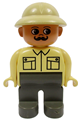 Male Duplo figure with dark gray legs, wearing a tan top, pith helmet, and moustache - 4555pb073