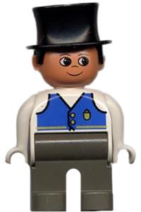 Duplo Figure, Male, Dark Gray Legs, White Top with Blue Vest with Pocket and Two Buttons, Black Top Hat 4555pb074