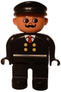 Duplo Male - Male Duplo figure with black legs, wearing a black top with 4 yellow buttons and a red tie, a black hat, and a curly moustache - 4555pb075