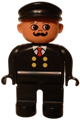 Duplo Figure, Male, Black Legs, Black Top with 4 Yellow Buttons and Red Tie, Black Hat, Curly Moustache - 4555pb075