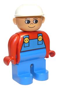 Duplo Male - Male Duplo figure with blue legs, wearing a red top with blue overalls and a white construction hat, has a turned-up nose - 4555pb076