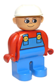 Duplo Figure, Male, Blue Legs, Red Top with Blue Overalls, Construction Hat White, Turned Up Nose - 4555pb076