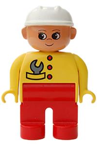 Duplo Female - Female Duplo figure with red legs, yellow top with red buttons and a wrench in pocket, wearing a white construction hat - 4555pb077