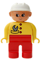 Duplo Figure, Female, Red Legs, Yellow Top with Red Buttons & Wrench in Pocket, Construction Hat White - 4555pb077