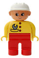 Female Duplo figure with red legs, yellow top with red buttons and a wrench in pocket, wearing a white construction hat - 4555pb077