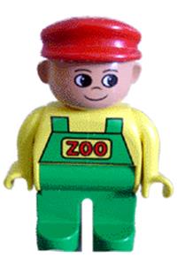 Duplo Male - Male Duplo figure with green legs, wearing a yellow top with green overalls, and sporting a red cap - 4555pb078