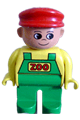 Duplo Figure, Male, Green Legs, Yellow Top with Green Overalls, Red Cap - 4555pb078