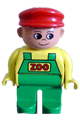 Male Duplo figure with green legs, wearing a yellow top with green overalls, and sporting a red cap - 4555pb078