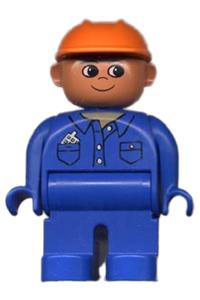 Duplo Figure, Male, Blue Legs, Blue Top with Cell Phone in Pocket, Construction Hat Orange 4555pb081