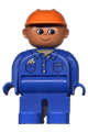 Male Duplo figure in blue top and legs, wearing an orange construction hat with a cell phone in pocket - 4555pb081