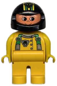 Duplo Figure, Male, Yellow Legs, Yellow Top with Green Racer Suspenders, Black Helmet with Stripes and Bear Pattern 4555pb083