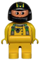 Duplo Figure, Male, Yellow Legs, Yellow Top with Green Racer Suspenders, Black Helmet with Stripes and Bear Pattern - 4555pb083