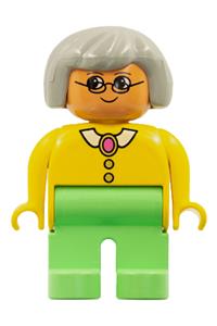 Duplo Figure, Female, Medium Green Legs, Yellow Blouse with Collar, Gray Hair, Glasses 4555pb084