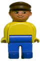 Duplo Figure, Male, Blue Legs, Yellow Top, Brown Cap, with White in Eyes Pattern - 4555pb086