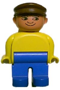 Duplo Figure, Male, Blue Legs, Yellow Top, Brown Cap, no White in Eyes Pattern 4555pb086a
