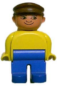 Duplo Male - Male Duplo figure with blue legs, yellow top, brown cap, and no white in eyes pattern - 4555pb086a