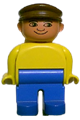 Male Duplo figure with blue legs, yellow top, brown cap, and no white in eyes pattern - 4555pb086a