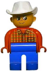 Duplo Cowboy - Male Duplo figure with blue legs, wearing a red top with plaid design and a white cowboy hat - 4555pb087