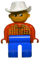 Male Duplo figure with blue legs, wearing a red top with plaid design and a white cowboy hat - 4555pb087