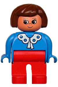 Duplo Figure, Female, Red Legs, Blue Blouse with White Lace Trim, Brown Hair 4555pb089