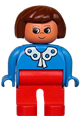 Duplo Figure, Female, Red Legs, Blue Blouse with White Lace Trim, Brown Hair - 4555pb089
