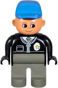 Duplo Male Police - Male Duplo police figure with dark gray legs, wearing a black top with zipper, tie, badge, and blue cap - 4555pb090