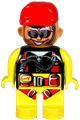 Male Duplo figure Action Wheeler with yellow legs, wearing yellow top with parachute design, red cap, and sporting beard, sunglasses, and headphones - 4555pb091